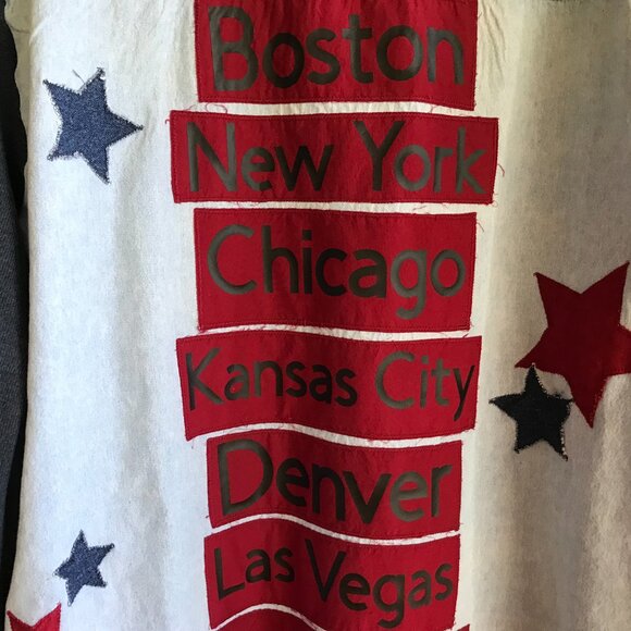 Upcycled Denim Road Trip Shirt: Patchwork Stars, Waffle Knit Sleeves (Unisex XL) - Picture 5 of 12